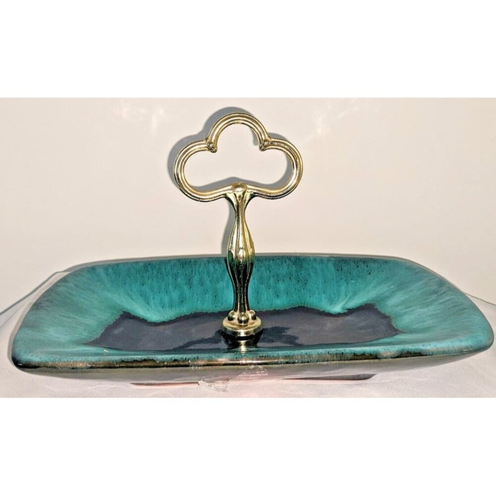 Vintage Royal Canadian Art Pottery Aqua Drip Glaze Handled Candy Dish 10"
